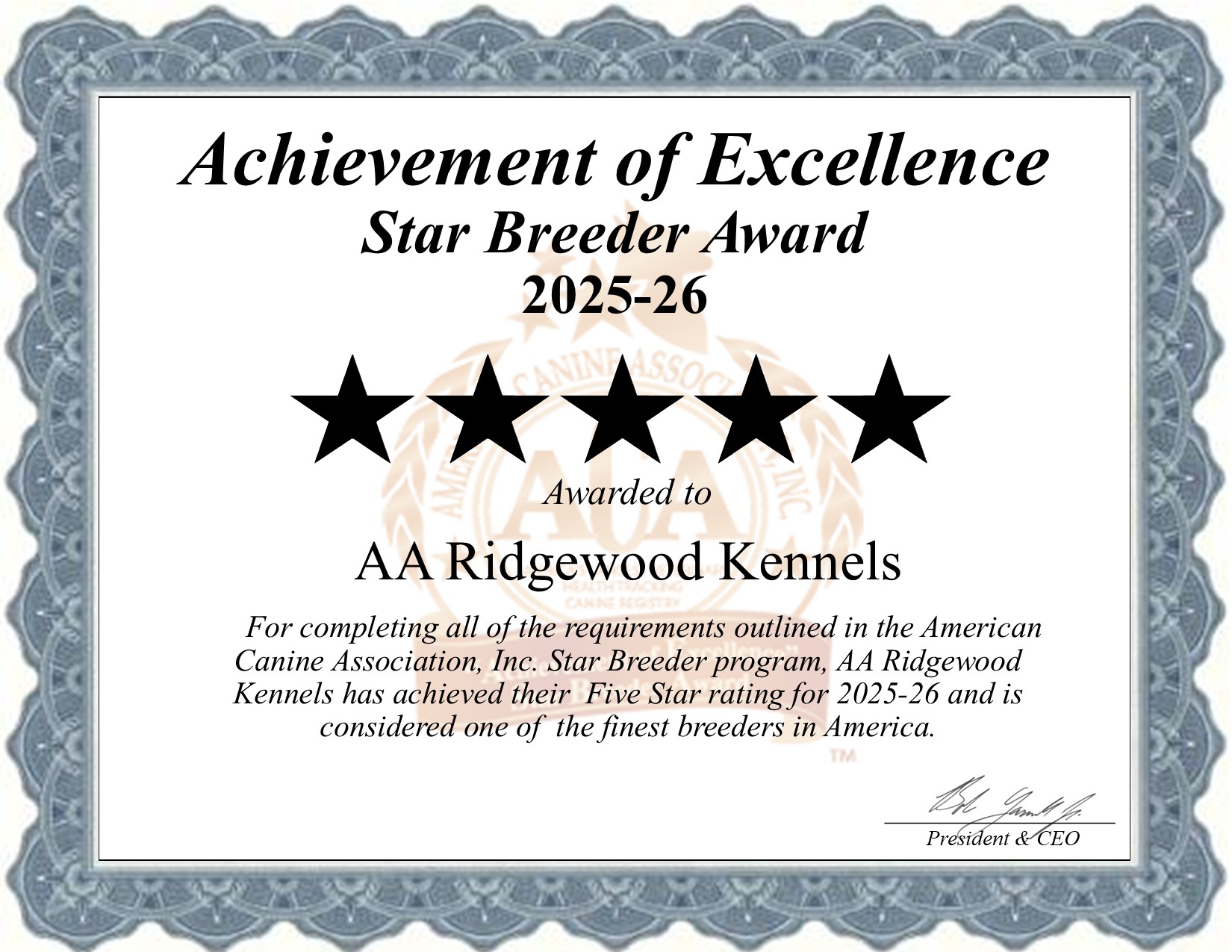 AA Ridgewood, Kennels II, dog, breeder, star, certificate, AA Ridgewood-Kennels II, Kinzer, Pennsylvania, puppy, dog, kennels, mill, puppymill, usda, 5-star, aca, ica, registered, puppy-for-sale, none